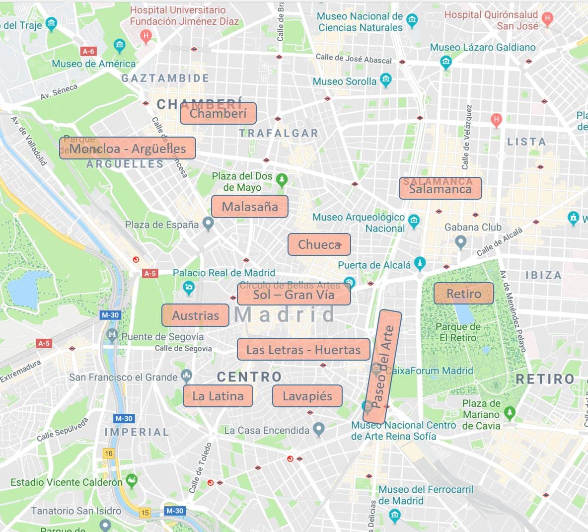 քարտեզ Մադրիդ Իսպանիա թաղամասեր
